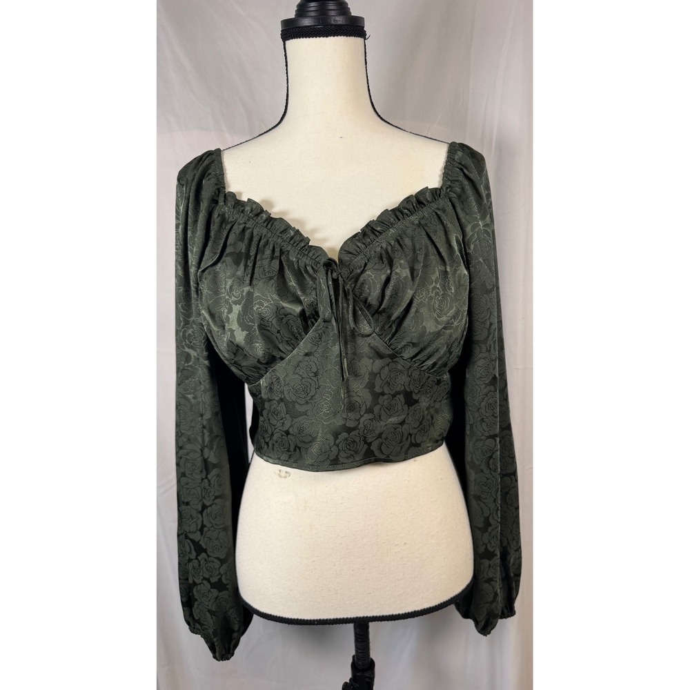 Mi Ami Francesca Green Rose Jacquard Smocked Crop Top Women Large Excellent